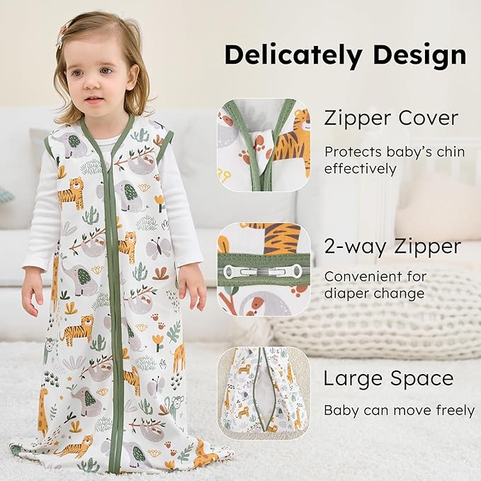Baby Sleep Sack 12-18 months, 100% Cotton Sleeping Sack for Newborn and Infant, 3 Pack Baby Wearable Blanket for Boy and Girl, 0.5 Tog Lightweight Double Zipper Sleep Bag Green Brown Giraffe