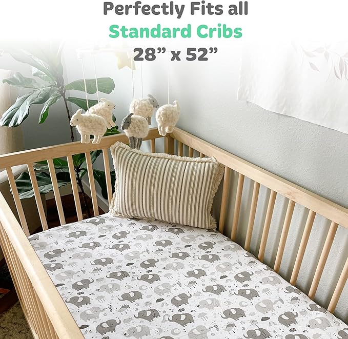 Baby Fitted Crib Mattress Sheets Set for Boys and Girls – Snuggly Soft 100% Jersey Cotton Toddler Bed Sheets – Grey White Elephant, Star, Cloud, Moon, Owl – 2 Pack