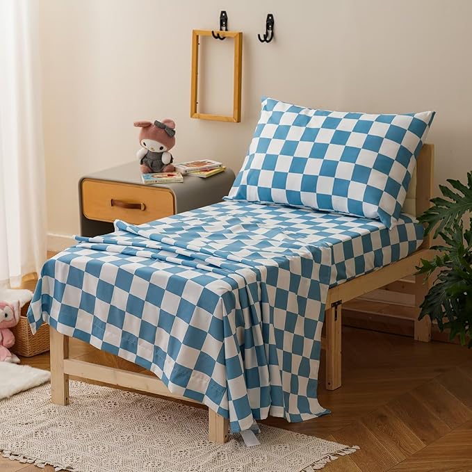 CLOTHKNOW 4 Pieces Plaid Toddler Bedding Sets for Boys Grils, Blue White Grid Pattern, Soft Crib Bed Set Including Comforter, Flat Sheet, Fitted Sheet and Pillowcase, Light Blue White