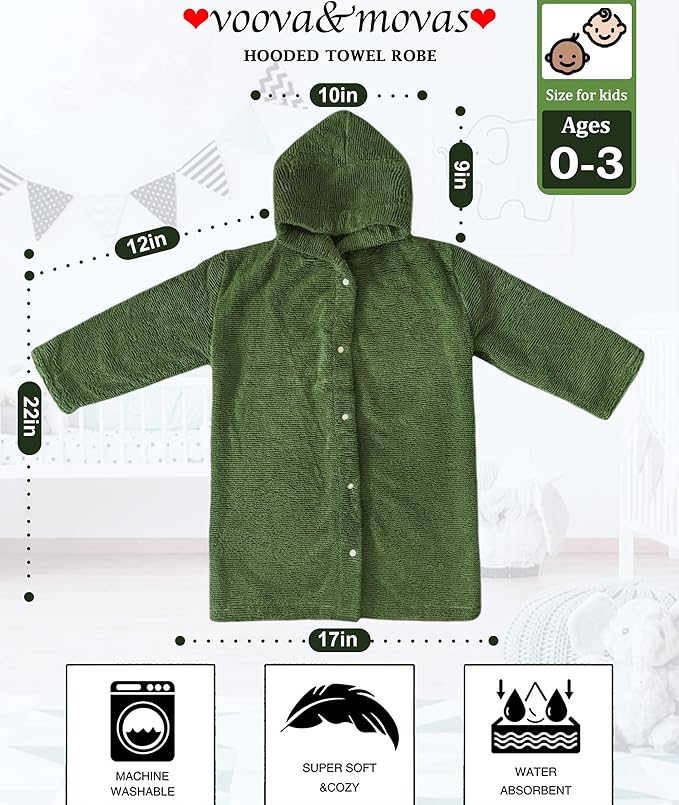 VOOVA & MOVAS Hooded Bath Towel for Toddler 0-3Years | 100% Cotton,Low Lint, Ultra-Soft & Absorbent | Gentle for Sensitive Skin, Thick Bathroom, Pool & Beach Towel,Olive Green