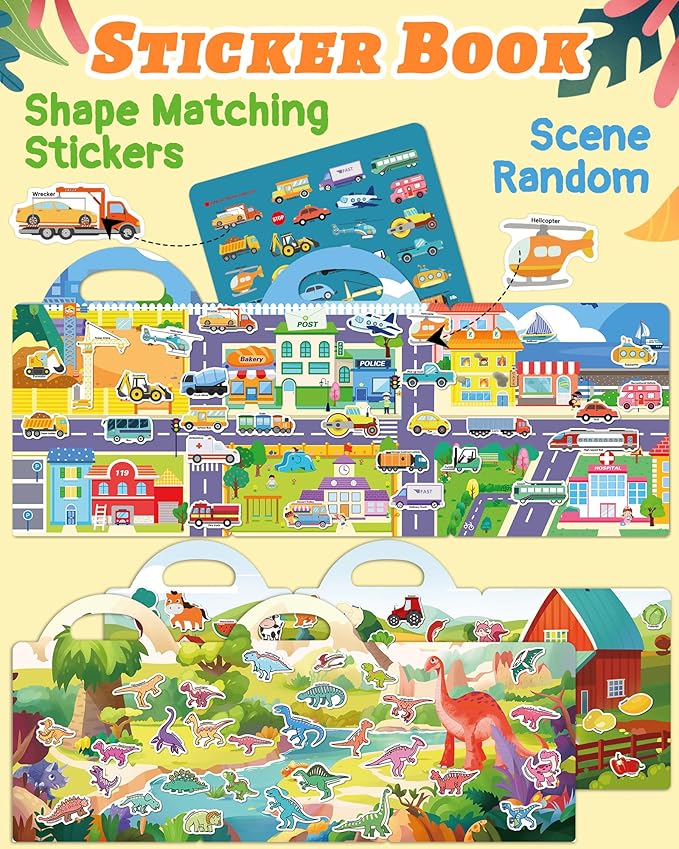 Benresive Reusable Sticker Books for Toddlers, 3 Sets Travel Stickers for Kids, Toddler Sticker Book, Crafts Activities for Toddlers, 3 and Up Birthday Gifts Travel Toys