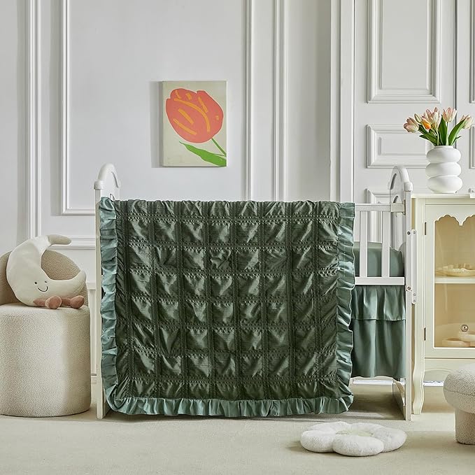 Ruffled Crib Bedding Set Baby Boho Quilted Comforter with Fitted Sheet and Bed Skirt - Cute Soft Breathable Seersucker Ruffled Shabby Chic Bedding Soft Blanket Design - Dark Green