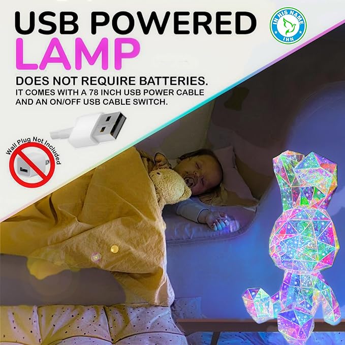 In His Name LED Bunny Night Light Holographic Rainbow Easter Rabbit Lamp Bedside Bunny Light Kids Decoration Boys and Girls Night Light Nursery Lovers Spring Summer Decor Gift