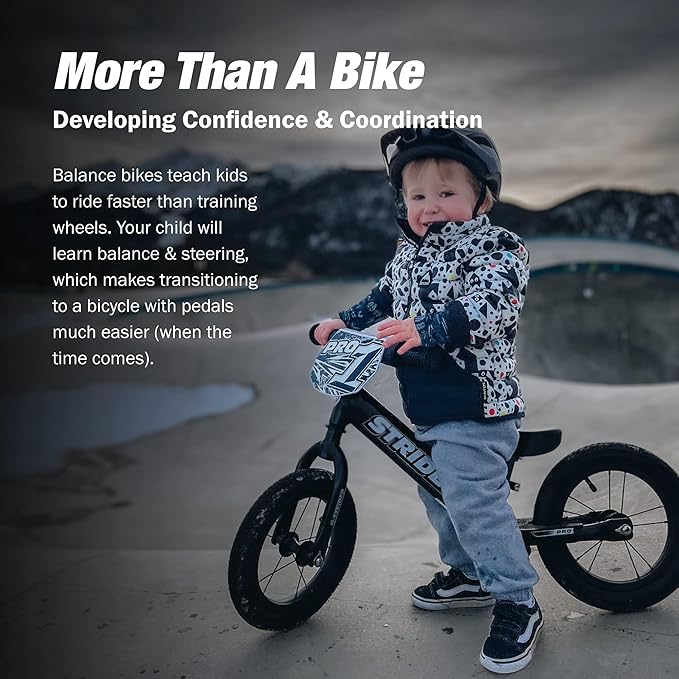 Strider 12” Pro Bike, No Pedal Balance Bicycle for Kids 1 to 4 Years - Includes Safety Pad, Padded Seat, Mini Grips & Flat-Free Tires - Tool Free