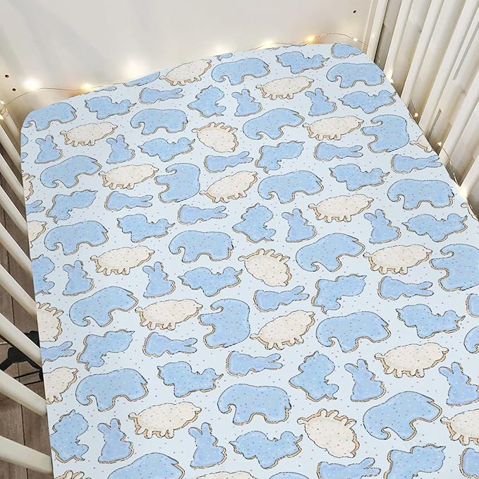 Blue Animal Cookie Baby Crib Sheets for Boy Girl 52"x28" Cute Frosted Animal Cookie Soft Snug Fitted Crib Mattress Cover Circus Animal Biscuits Baby Sheet for Standard Crib & Toddler Bed Mattress