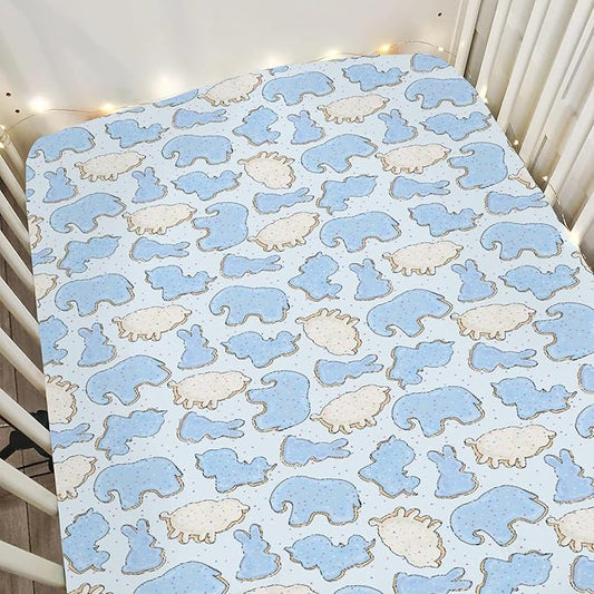 Blue Animal Cookie Baby Crib Sheets for Boy Girl 52"x28" Cute Frosted Animal Cookie Soft Snug Fitted Crib Mattress Cover Circus Animal Biscuits Baby Sheet for Standard Crib & Toddler Bed Mattress