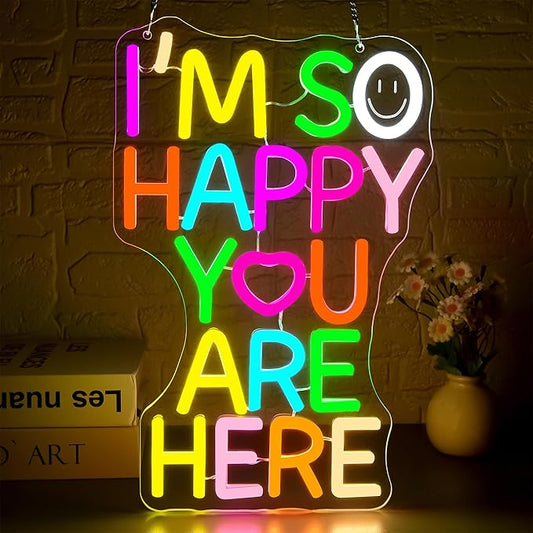 I'm So Happy You Are Here Neon Sign for Wall Decor Dimmable Welcome Sign for Classroom Inspirational Positive Wall Art Decor for Party Home Gym Office Bedroom Gifts for Teens Size 14.6*9.4in(GLNP243)