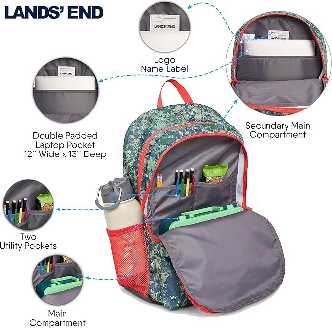 Lands' End Unisex Kids Large ClassMate Lightweight Durable Elementary School Backpack, Dusty Olive