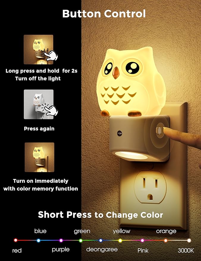 L LOHAS LED Night Light for Kids, 3D Owl Night Light Plug in, Dusk to Dawn Nursery Night Lights, RGB+Soft White 3000K, 3 Lighting Modes, Room Decor, Children