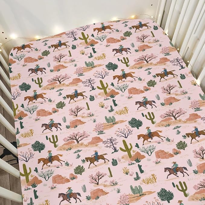 Retro Western Cowboy Pink Baby Crib Sheets for Boy Girl 52"x28" Vintage Cowboy Cactus Soft Stretchy Fitted Crib Mattress Cover Wild Desert Baby Sheet for Standard Crib and Toddler Bed Mattress