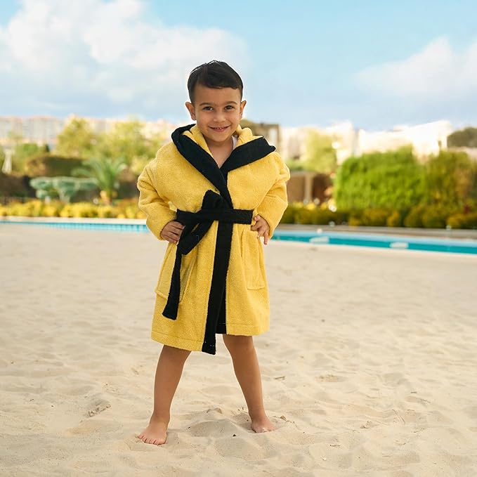 BAGNO MILANO Kids Organic Turkish Cotton Hooded Beach Cover-Up Towel, GOTS Certified, for Boys and Girls (Tiger Yellow, 7-8 Years)