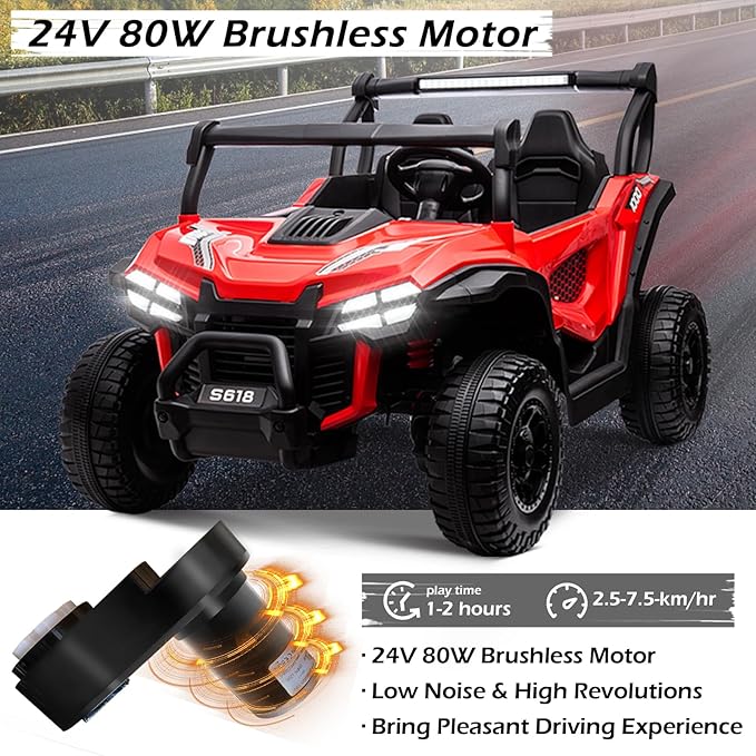 MOLACHI 24V 2 Seater Kids Ride on UTV Car,4WD Battery Powered Electric Vehicle for Kid,Ride On Truck with Remote Control,Safety Belts,3 Speeds,Bluetooth (Red)
