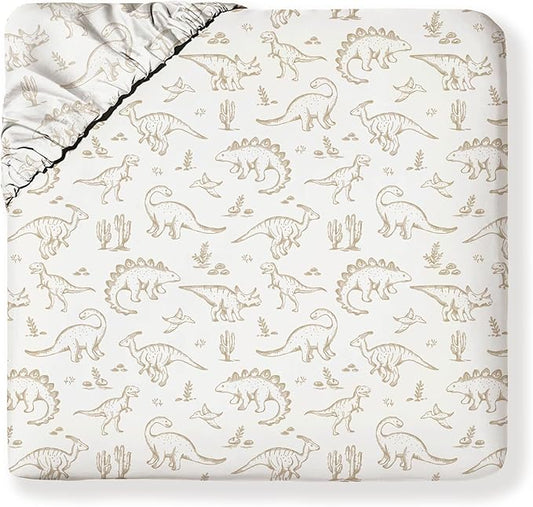 MakeMake Organics Organic Queen Fitted Sheet Set GOTS Certified Organic Cotton Fitted Sheet with 2 Pillowcase Ultra Soft Non Toxic Breathable Hypoallergenic Colorful Neutral (Queen, Dino Dreams)