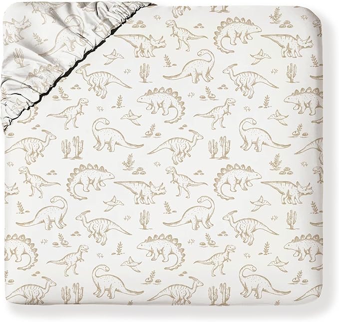 MakeMake Organics Organic Twin Fitted Sheet Set GOTS Certified Organic Cotton Fitted Sheet with 1 Pillowcase Ultra Soft Non Toxic Breathable Hypoallergenic (40"X76", Dino Dreams)