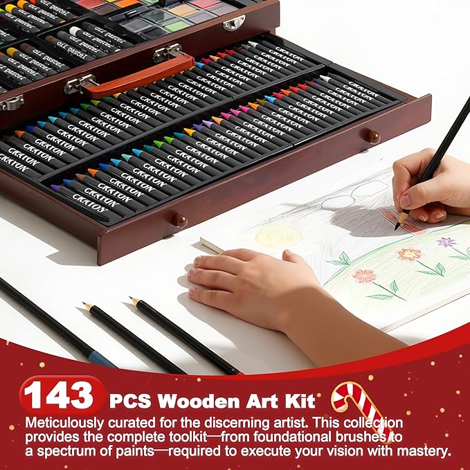 GOTIDEAL 143 Piece Kids Art Kits,Art Supplies with 3 Drawing Pads,Waterclolr Paints,Crayons,Colored Pencils,Paint Set in Wooden Case,Professional Art Kit Gift,Kids,Teens,Beginners（Auburn）
