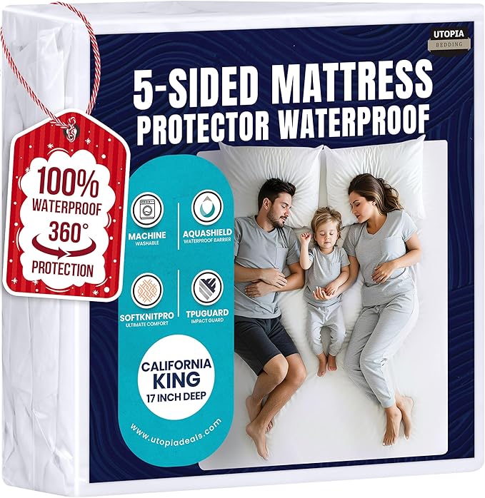 Utopia Bedding Waterproof 5-Sided Mattress Protector California King Size, Premium Breathable Mattress Cover, Fitted Style with Stretchable Pockets (White)