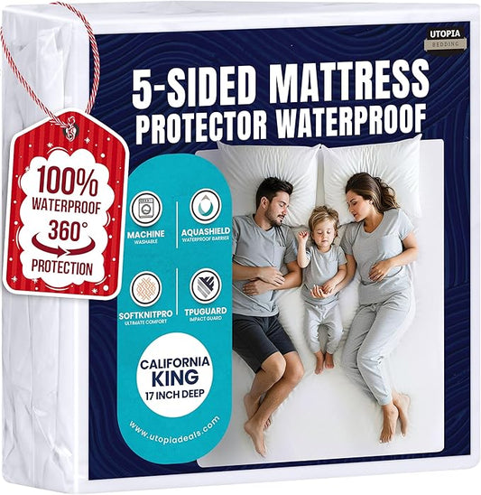 Utopia Bedding Waterproof 5-Sided Mattress Protector California King Size, Premium Breathable Mattress Cover, Fitted Style with Stretchable Pockets (White)