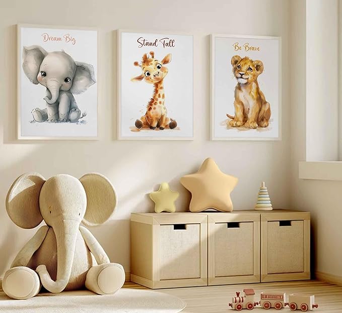 3 Pcs Safari Nursery Canvas Wall Art Kids Cute Inspirational Animal Lion Giraffe Elephant Painting Picture Wall Decor Poster Print Artwork for Baby Boys and Girls Room Home Decoration Unframed