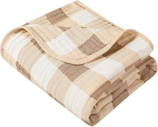 Ultra Soft Muslin Baby Blanket Made with Organic Cotton - Neutral Earth Tone Checkered Swaddle & Nursery Quilt, 43x43 (Beige-Coffee Checkered)