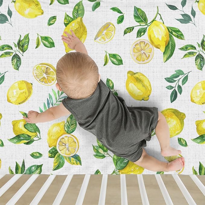 Watercolor Lemons Baby Crib Sheets for Boy Girl 28"x52" Retro Yellow Lemon Green Leaves Soft Snug Fitted Crib Mattress Cover Tropical Summer Fruits Baby Sheet for Standard Crib & Toddler Bed Mattress