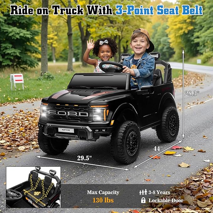 Licensed Ford F-150 Raptor 2 Seater Electric Car, 24V Ride on Car for Big Kids with Remote Control, Toddler Car w/4 Wheels Suspension, LED Lights, Bluetooth, Soft Start Function (24V, Black)