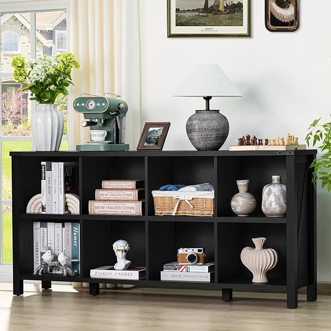 Joaxswe 8 Cube Book Shelf, Farmhouse Wood Long Storage Organizer Bookcase, 62" Horizontal Black Console Closet Bookshelf, Hallway TV Stand for Entryway, Display Cabinet Book Case for Living Room