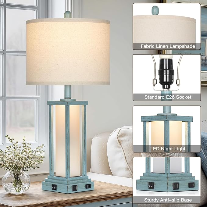 Cinkeda 27" Tall Vintage Table Lamp Set of 2 with USB C+A & Outlet,Nightstand Lamp for Living Room,Coastal Bedside Lamps with Frosted Glass Night Light for Bedroom Entryway,Blue