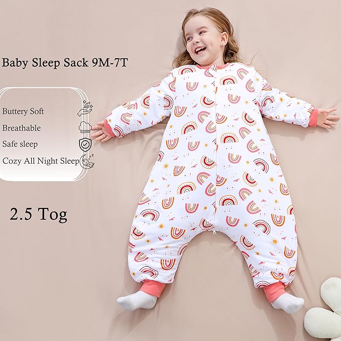 Toddler Sleep Sacks 2.5 TOG Winter Long Sleeve Sleep Sack with Legs 2-Way Zipper Baby Wearable Blanket