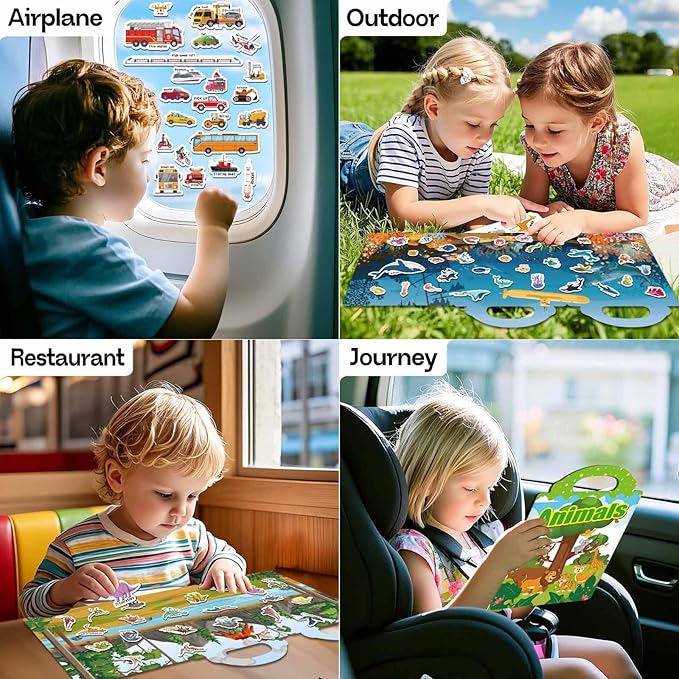 iGetooy 4 Sets Sticker Books for Toddlers 3+ Years, Jelly Reusable Sticker Book for Kids, Toddler Airplane Travel Essentials Toys for Kids