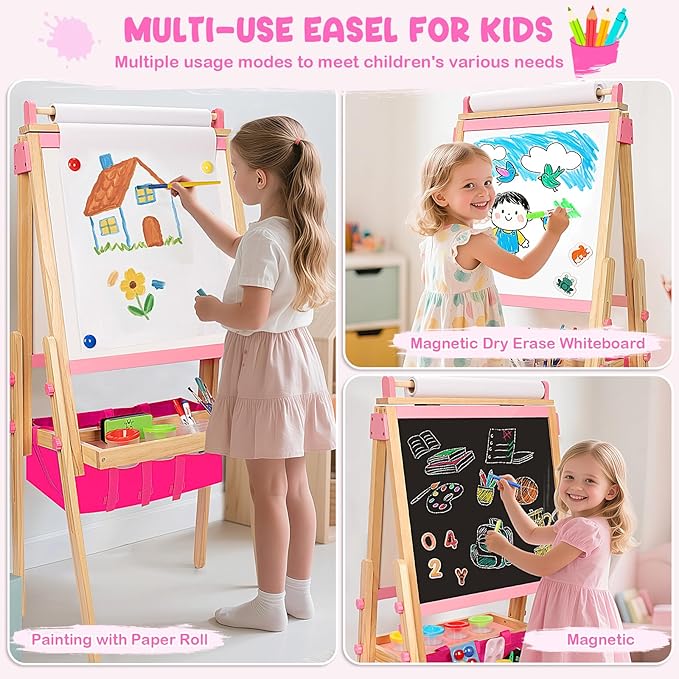 Wood Easel for Kids, All-in-ONE Adjustable Easel with Art Supplies, Magnetic Double Sided Whiteboard & Chalkboard, Ideal Christmas, Birthday Gift for Boys & Girls Age 3, 4, 5, 6, 7, 8+ Years Old