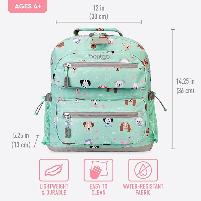 Bentgo Kids Backpack - Lightweight 14” Backpack in Fun Prints for School, Travel, & Daycare, Ideal for Ages 4+, Roomy Interior, Durable & Water-Resistant Fabric, & Loop for Lunch Bag (Puppy Love)