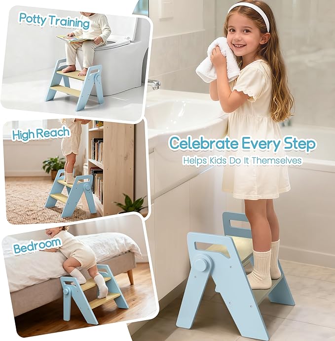 HOMEKOL Toddler Kids Step Stool: Wooden 2 Step Stool for Bathroom Sink, Foldable, Blue