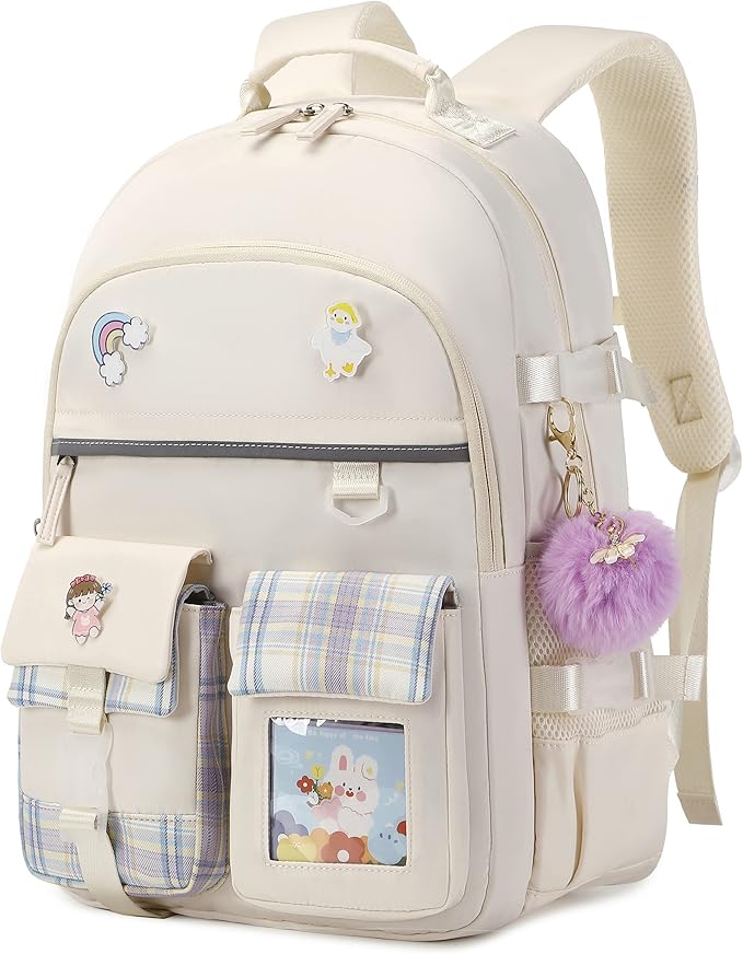KIDNUO Backpack for Girls, 15.6 Inch Laptop School Bag Kids Kindergarten Elementary College Backpacks Large Bookbags for Teen Girl Women Students Casual Travel Daypacks (Beige)