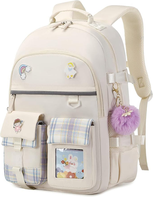 KIDNUO Backpack for Girls, 15.6 Inch Laptop School Bag Kids Kindergarten Elementary College Backpacks Large Bookbags for Teen Girl Women Students Casual Travel Daypacks (Beige)