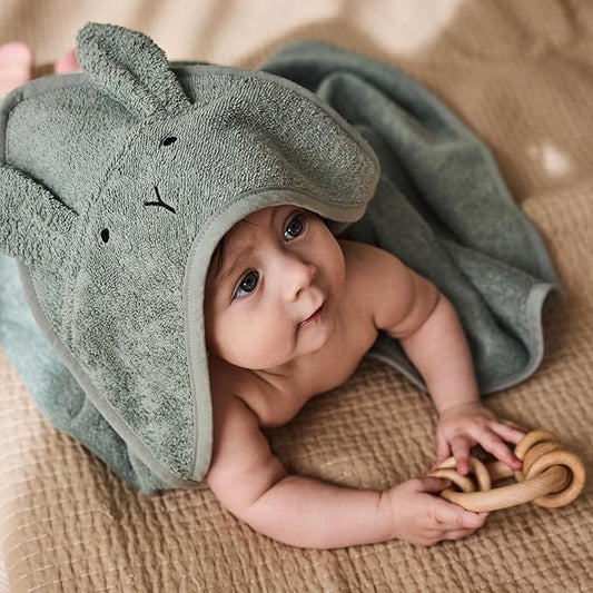 Baby Hooded Towel – Organic Cotton Baby Bath Towels, 32" x 32" Super-Soft and Absorbent Baby Towels for Newborn 2-Pack (TW Bear Fog/R. Roman Green)