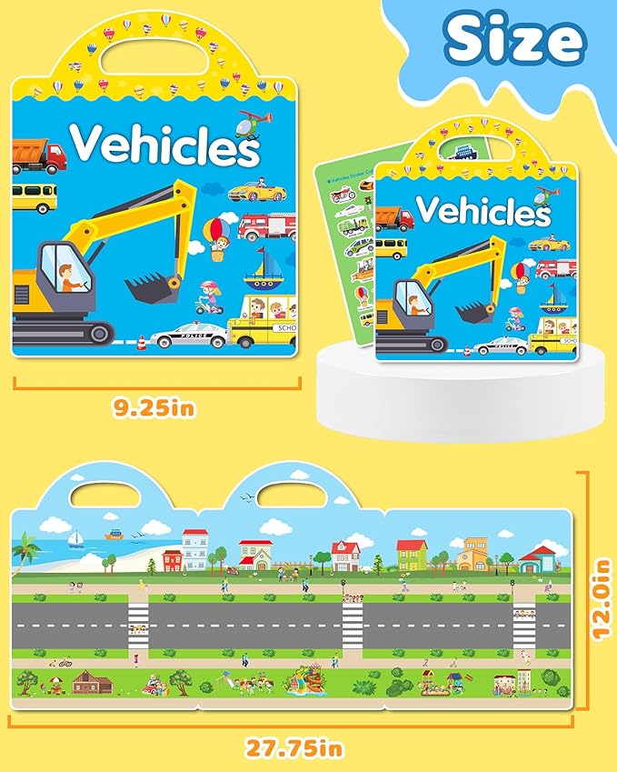 Benresive Reusable Sticker Books for Toddlers, Fun Travel Stickers for Kids, Toddler Sticker Book, Crafts Activities for Toddlers, 3 and Up Birthady Gifts - Vehicle