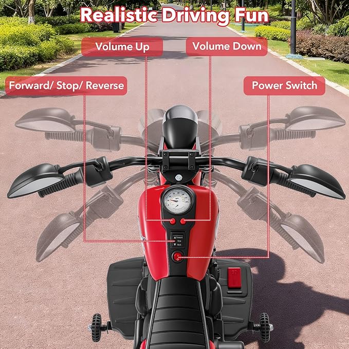 HONEY JOY Toddler Motorcycle, 6V Battery Powered Electric Motorcycle for Kids, Detachable Training Wheels, Music, Foot Pedal, Headlights, Forward/Backward, 3-Wheel Ride On Toy for Boys Girls (Red)