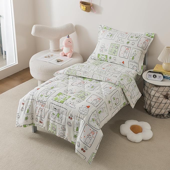 Caressma White Toddler Bedding Set - 4 Piece Bed Set Includes Comforter, Fitted Sheet, Flat Sheet & Pillow Case - Cute Cartoon Pattern for Boys and Girls