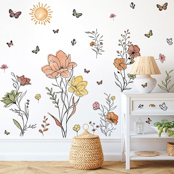 Boho Flower Wall Decals Watercolor Flower Plants Wall Stickers Wildflower Floral Walls Decals for Living Room Peel and Stick Modern Line Butterflies Art Murals for Girls Bedoom Office Home Decoration