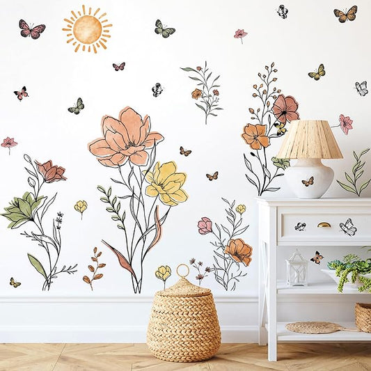Boho Flower Wall Decals Watercolor Flower Plants Wall Stickers Wildflower Floral Walls Decals for Living Room Peel and Stick Modern Line Butterflies Art Murals for Girls Bedoom Office Home Decoration
