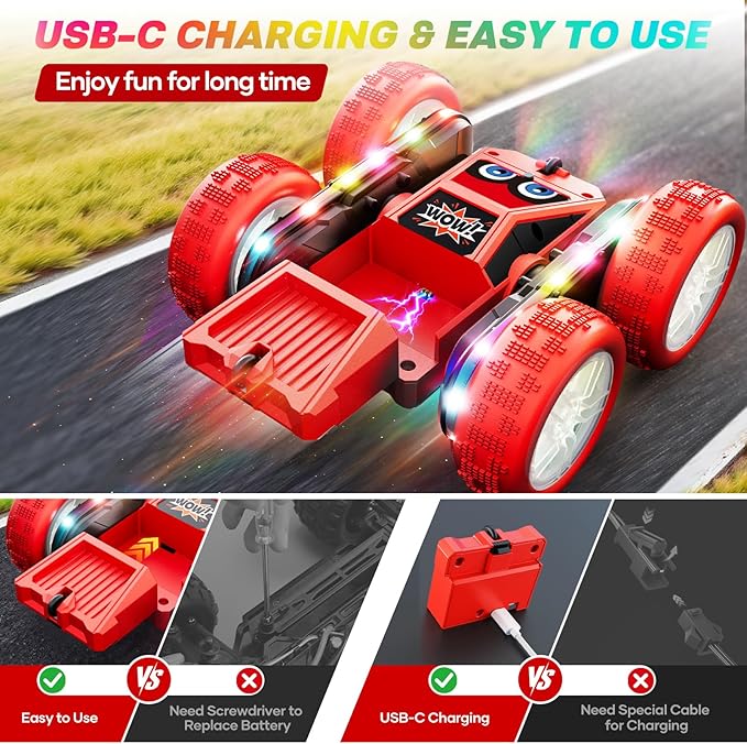 WayEee Remote Control Car, 360° Flips RC Stunt Car with LED Lights Strips, Type-C Charge Modular Battery, 2.4 GHZ Double Sided High Speed RC Cars for Boys Age 8-12 Girls 3+ Kids Toys Birthday Gifts