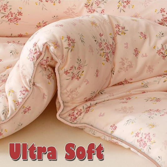 3PCS Comforter Set Queen Size, Ultra Soft Marshmallow Fluffy Comforter Bed Sets, Cute Bedding Set for Kids Girls Teen, Microfiber Lightweight All Seasons Bedroom (Pink Petals)