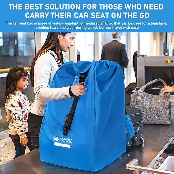 LASUK Car Seat Travel Bag for Airplane, Large Waterproof Car Seat Bags Fits Most Infant Car Seats, Convertible Car Seats, Booster Seats, Car Seat Bases, Adjustable Shoulder Strap, Blue