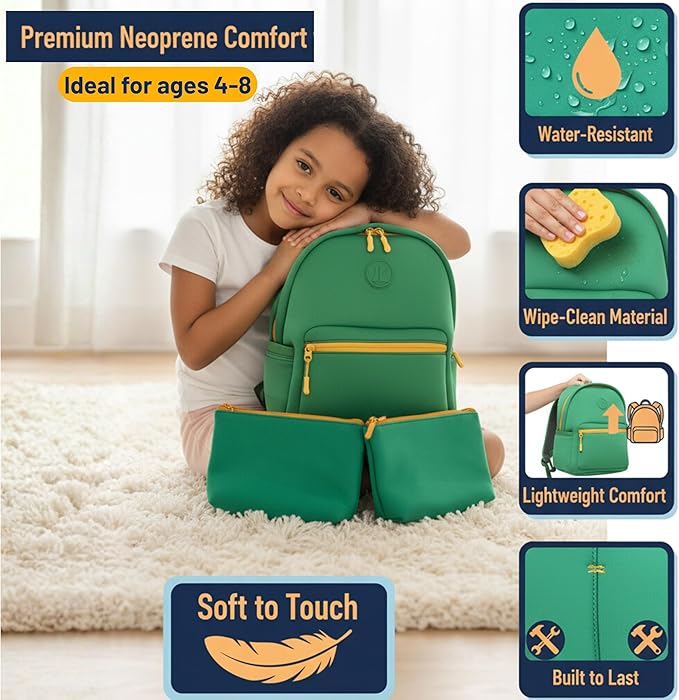 Kaywee 3pc Neoprene Kids Backpack SET with 2 zipper pouch & kids airtag holder | Elementary School backpack |Green Kids Superhero Backpack Boys and Girls Ages 3-8 Toddler airplane travel essentials