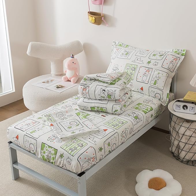 Caressma Twin Size Comforter Set 5 Pieces Bed-in-a-Bag,Soft Comforter Print Green Animals & Trees.Includes Comforter,Fitted Sheet,Flat Sheet,Pillow Case & Pillow Shame for Baby and Kids