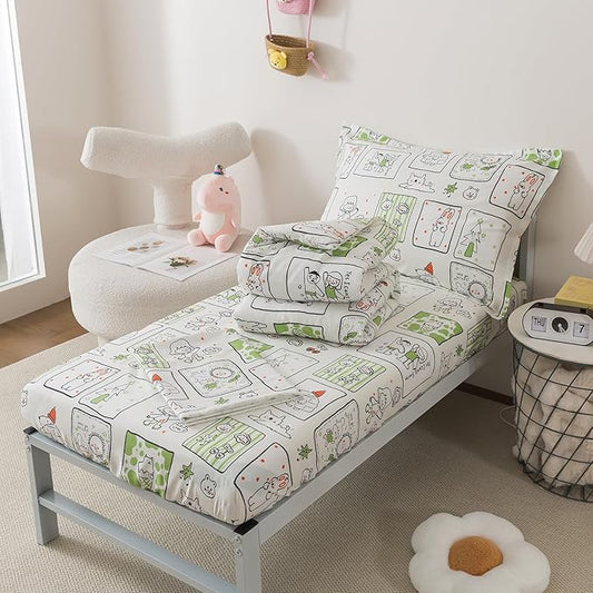 Caressma Twin Size Comforter Set 5 Pieces Bed-in-a-Bag,Soft Comforter Print Green Animals & Trees.Includes Comforter,Fitted Sheet,Flat Sheet,Pillow Case & Pillow Shame for Baby and Kids