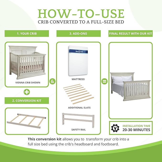 Full-Size Conversion Kit Bed Rails for Baby Cache Convertible Cribs - Solid Wood Rail - Toddler and Adult Bed Rail for Full-Size Beds - Essential Nursery & Baby Furniture (Antique White)