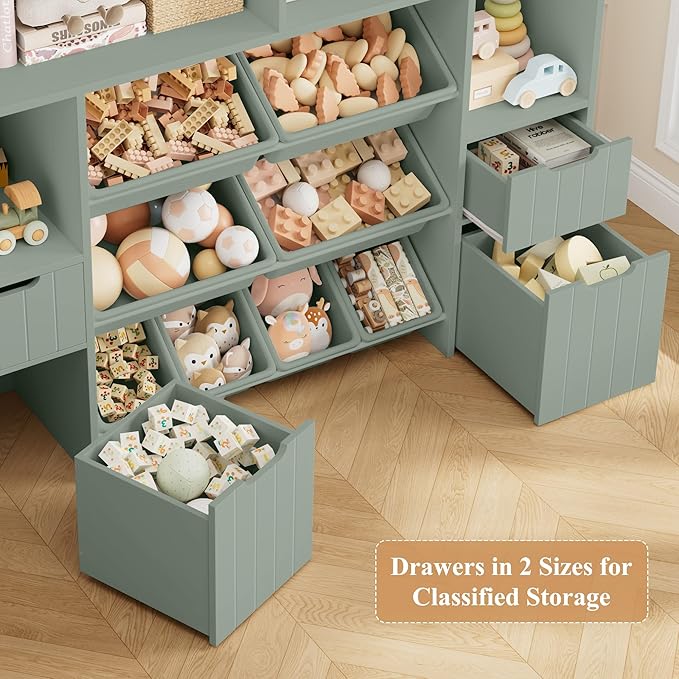 HORSTORS 55" W Toy Storage Organizer with Drawers, Large Kids Toy Storage Box with Removable Bins, Tall Kids Bookshelf and Bookcase for Boys and Girls, Modern Toy Chest for Playroom, Classroom, Green
