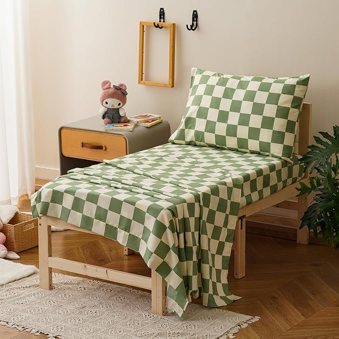 KAREVER Grid Toddler Bedding Set Green White Checkered 4 Pieces Crib Bed Set Kids Pliad Comforter Set