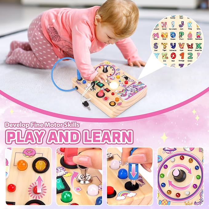 Busy Board for Toddlers - Montessori Educational Toy for 1-3 Year Old Boys & Girls | Travel-Friendly Sensory Learning Activity | Ideal for Kids with Autism(Unicorn Busy Board)